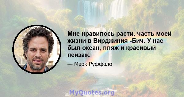 Мне нравилось расти, часть моей жизни в Вирджиния -Бич. У нас был океан, пляж и красивый пейзаж.