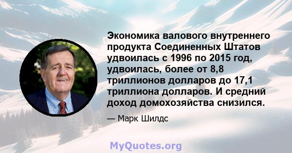 Экономика валового внутреннего продукта Соединенных Штатов удвоилась с 1996 по 2015 год, удвоилась, более от 8,8 триллионов долларов до 17,1 триллиона долларов. И средний доход домохозяйства снизился.