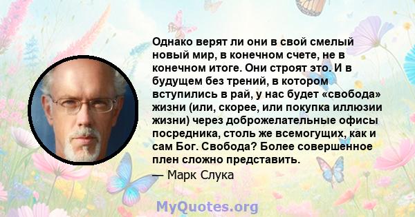 Однако верят ли они в свой смелый новый мир, в конечном счете, не в конечном итоге. Они строят это. И в будущем без трений, в котором вступились в рай, у нас будет «свобода» жизни (или, скорее, или покупка иллюзии