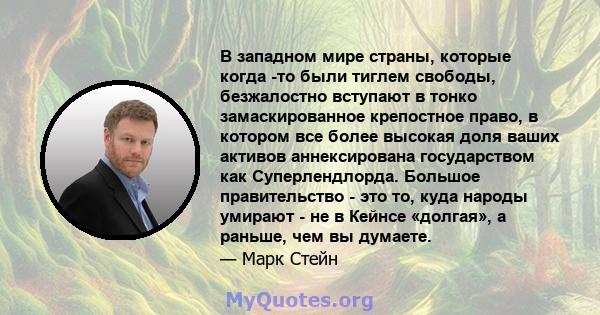 В западном мире страны, которые когда -то были тиглем свободы, безжалостно вступают в тонко замаскированное крепостное право, в котором все более высокая доля ваших активов аннексирована государством как Суперлендлорда. 