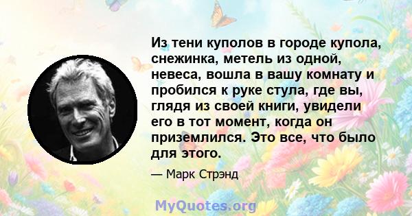 Из тени куполов в городе купола, снежинка, метель из одной, невеса, вошла в вашу комнату и пробился к руке стула, где вы, глядя из своей книги, увидели его в тот момент, когда он приземлился. Это все, что было для этого.