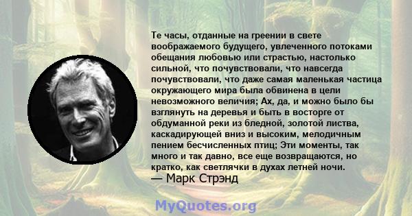 Те часы, отданные на греении в свете воображаемого будущего, увлеченного потоками обещания любовью или страстью, настолько сильной, что почувствовали, что навсегда почувствовали, что даже самая маленькая частица