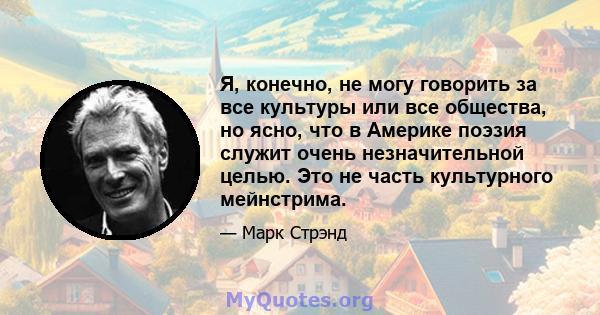 Я, конечно, не могу говорить за все культуры или все общества, но ясно, что в Америке поэзия служит очень незначительной целью. Это не часть культурного мейнстрима.