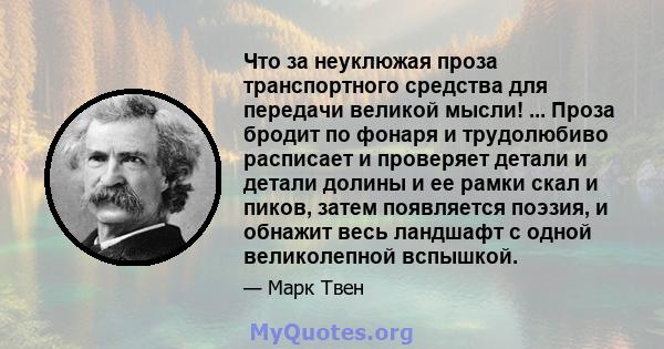 Что за неуклюжая проза транспортного средства для передачи великой мысли! ... Проза бродит по фонаря и трудолюбиво расписает и проверяет детали и детали долины и ее рамки скал и пиков, затем появляется поэзия, и обнажит 