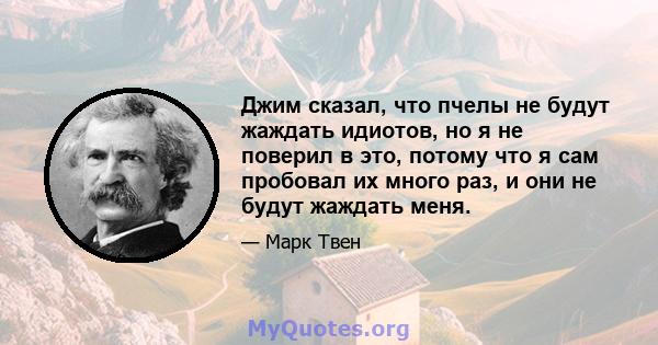 Джим сказал, что пчелы не будут жаждать идиотов, но я не поверил в это, потому что я сам пробовал их много раз, и они не будут жаждать меня.