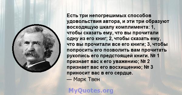 Есть три непогрешимых способов удовольствия автора, и эти три образуют восходящую шкалу комплимента: 1, чтобы сказать ему, что вы прочитали одну из его книг; 2, чтобы сказать ему, что вы прочитали все его книги; 3,