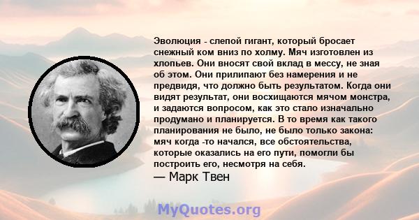 Эволюция - слепой гигант, который бросает снежный ком вниз по холму. Мяч изготовлен из хлопьев. Они вносят свой вклад в мессу, не зная об этом. Они прилипают без намерения и не предвидя, что должно быть результатом.