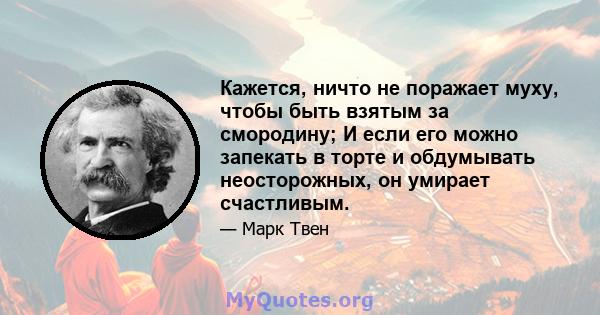 Кажется, ничто не поражает муху, чтобы быть взятым за смородину; И если его можно запекать в торте и обдумывать неосторожных, он умирает счастливым.