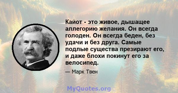 Кайот - это живое, дышащее аллегорию желания. Он всегда голоден. Он всегда беден, без удачи и без друга. Самые подлые существа презирают его, и даже блохи покинут его за велосипед.