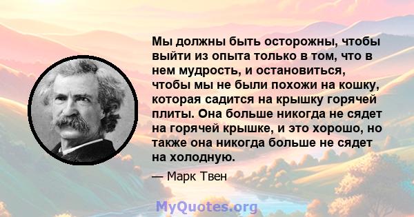 Мы должны быть осторожны, чтобы выйти из опыта только в том, что в нем мудрость, и остановиться, чтобы мы не были похожи на кошку, которая садится на крышку горячей плиты. Она больше никогда не сядет на горячей крышке,