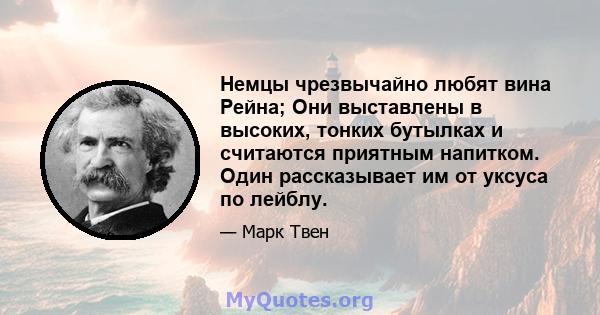 Немцы чрезвычайно любят вина Рейна; Они выставлены в высоких, тонких бутылках и считаются приятным напитком. Один рассказывает им от уксуса по лейблу.