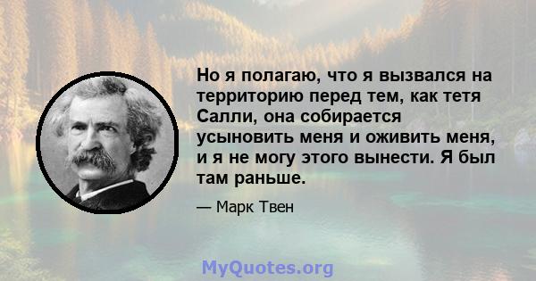 Но я полагаю, что я вызвался на территорию перед тем, как тетя Салли, она собирается усыновить меня и оживить меня, и я не могу этого вынести. Я был там раньше.