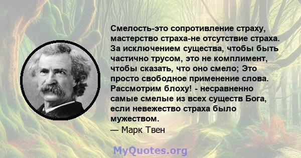 Смелость-это сопротивление страху, мастерство страха-не отсутствие страха. За исключением существа, чтобы быть частично трусом, это не комплимент, чтобы сказать, что оно смело; Это просто свободное применение слова.