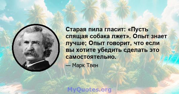 Старая пила гласит: «Пусть спящая собака лжет». Опыт знает лучше; Опыт говорит, что если вы хотите убедить сделать это самостоятельно.