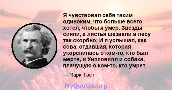 Я чувствовал себя таким одиноким, что больше всего хотел, чтобы я умер. Звезды сияли, а листья шезвели в лесу так скорбно; И я услышал, как сова, отдавшая, которая укоренилась о ком-то, кто был мертв, и Уипповилл и