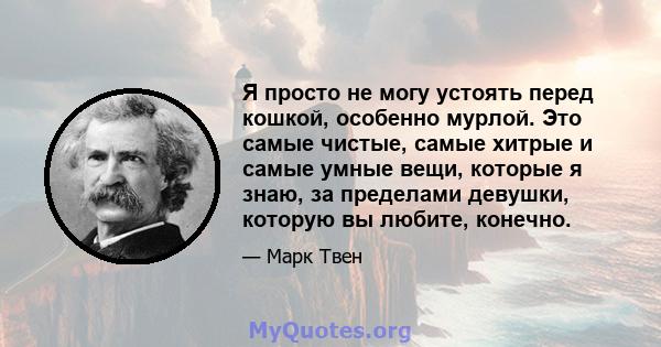 Я просто не могу устоять перед кошкой, особенно мурлой. Это самые чистые, самые хитрые и самые умные вещи, которые я знаю, за пределами девушки, которую вы любите, конечно.