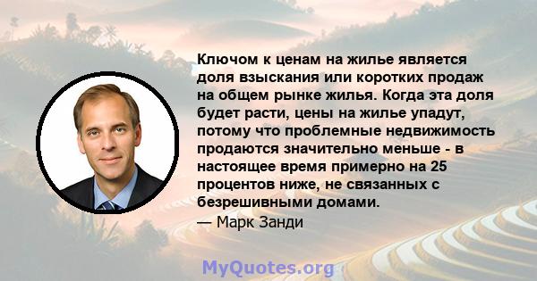 Ключом к ценам на жилье является доля взыскания или коротких продаж на общем рынке жилья. Когда эта доля будет расти, цены на жилье упадут, потому что проблемные недвижимость продаются значительно меньше - в настоящее