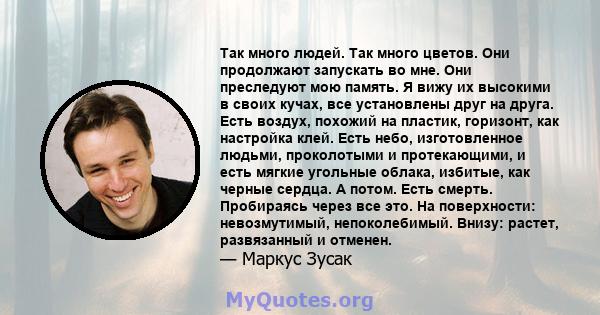 Так много людей. Так много цветов. Они продолжают запускать во мне. Они преследуют мою память. Я вижу их высокими в своих кучах, все установлены друг на друга. Есть воздух, похожий на пластик, горизонт, как настройка