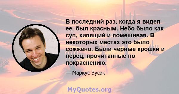 В последний раз, когда я видел ее, был красным. Небо было как суп, кипящий и помешивая. В некоторых местах это было сожжено. Были черные крошки и перец, прочитанные по покраснению.