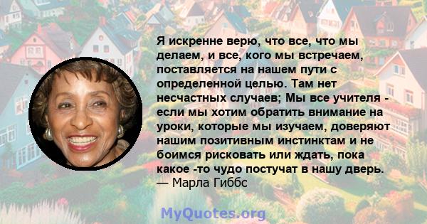 Я искренне верю, что все, что мы делаем, и все, кого мы встречаем, поставляется на нашем пути с определенной целью. Там нет несчастных случаев; Мы все учителя - если мы хотим обратить внимание на уроки, которые мы