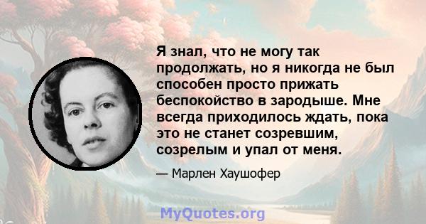 Я знал, что не могу так продолжать, но я никогда не был способен просто прижать беспокойство в зародыше. Мне всегда приходилось ждать, пока это не станет созревшим, созрелым и упал от меня.