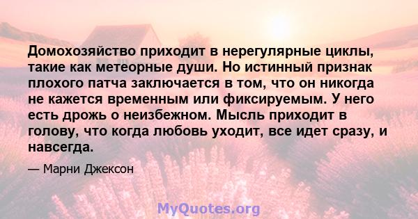 Домохозяйство приходит в нерегулярные циклы, такие как метеорные души. Но истинный признак плохого патча заключается в том, что он никогда не кажется временным или фиксируемым. У него есть дрожь о неизбежном. Мысль