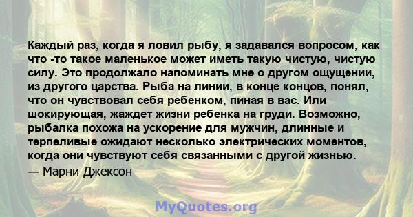 Каждый раз, когда я ловил рыбу, я задавался вопросом, как что -то такое маленькое может иметь такую ​​чистую, чистую силу. Это продолжало напоминать мне о другом ощущении, из другого царства. Рыба на линии, в конце