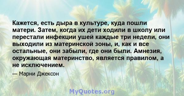 Кажется, есть дыра в культуре, куда пошли матери. Затем, когда их дети ходили в школу или перестали инфекции ушей каждые три недели, они выходили из материнской зоны, и, как и все остальные, они забыли, где они были.