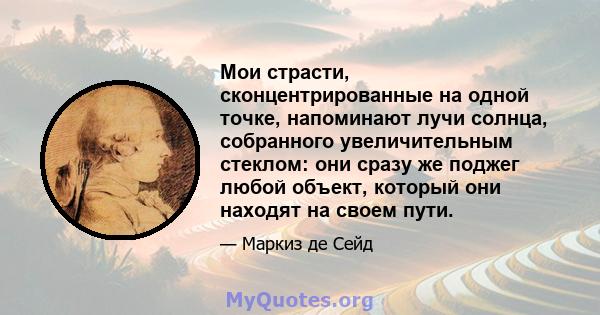 Мои страсти, сконцентрированные на одной точке, напоминают лучи солнца, собранного увеличительным стеклом: они сразу же поджег любой объект, который они находят на своем пути.