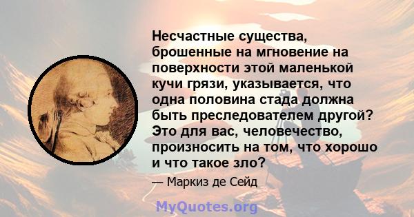 Несчастные существа, брошенные на мгновение на поверхности этой маленькой кучи грязи, указывается, что одна половина стада должна быть преследователем другой? Это для вас, человечество, произносить на том, что хорошо и