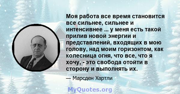 Моя работа все время становится все сильнее, сильнее и интенсивнее ... у меня есть такой прилив новой энергии и представлений, входящих в мою голову, над моим горизонтом, как колесница огня, что все, что я хочу, - это