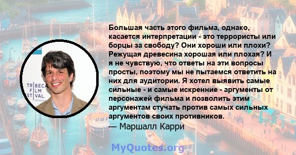 Большая часть этого фильма, однако, касается интерпретации - это террористы или борцы за свободу? Они хороши или плохи? Режущая древесина хорошая или плохая? И я не чувствую, что ответы на эти вопросы просты, поэтому мы 