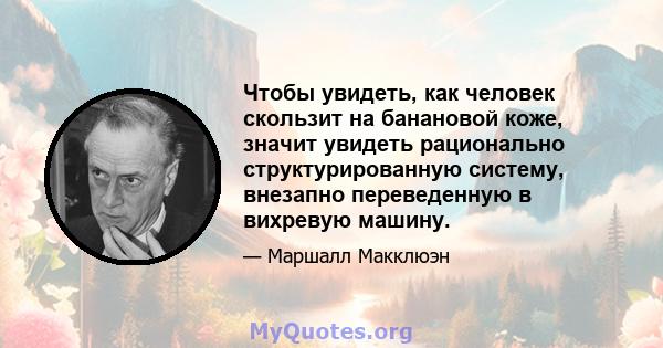 Чтобы увидеть, как человек скользит на банановой коже, значит увидеть рационально структурированную систему, внезапно переведенную в вихревую машину.