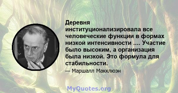 Деревня институционализировала все человеческие функции в формах низкой интенсивности .... Участие было высоким, а организация была низкой. Это формула для стабильности.