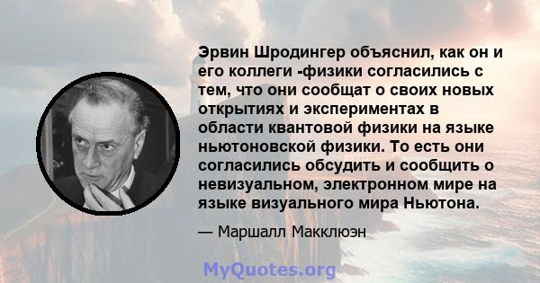 Эрвин Шродингер объяснил, как он и его коллеги -физики согласились с тем, что они сообщат о своих новых открытиях и экспериментах в области квантовой физики на языке ньютоновской физики. То есть они согласились обсудить 