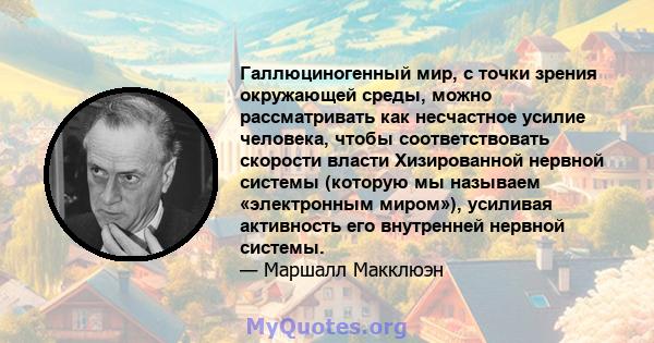 Галлюциногенный мир, с точки зрения окружающей среды, можно рассматривать как несчастное усилие человека, чтобы соответствовать скорости власти Хизированной нервной системы (которую мы называем «электронным миром»),