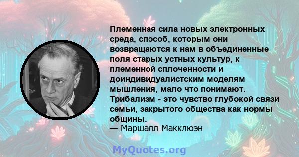 Племенная сила новых электронных среда, способ, которым они возвращаются к нам в объединенные поля старых устных культур, к племенной сплоченности и доиндивидуалистским моделям мышления, мало что понимают. Трибализм -