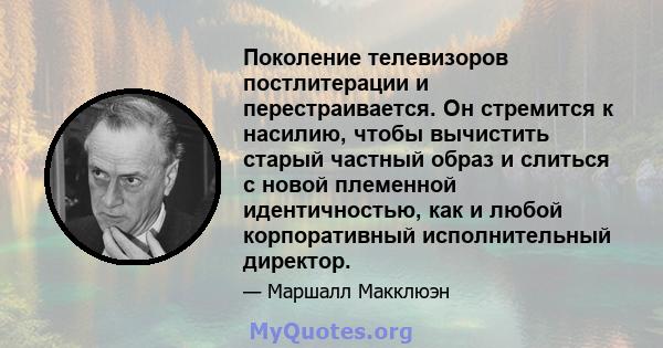 Поколение телевизоров постлитерации и перестраивается. Он стремится к насилию, чтобы вычистить старый частный образ и слиться с новой племенной идентичностью, как и любой корпоративный исполнительный директор.