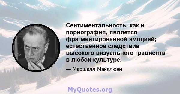 Сентиментальность, как и порнография, является фрагментированной эмоцией; естественное следствие высокого визуального градиента в любой культуре.