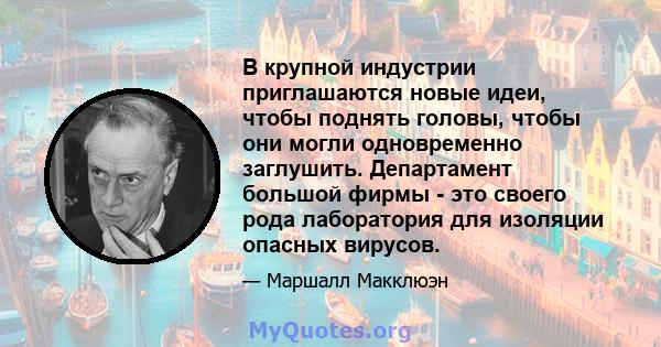 В крупной индустрии приглашаются новые идеи, чтобы поднять головы, чтобы они могли одновременно заглушить. Департамент большой фирмы - это своего рода лаборатория для изоляции опасных вирусов.