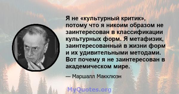 Я не «культурный критик», потому что я никоим образом не заинтересован в классификации культурных форм. Я метафизик, заинтересованный в жизни форм и их удивительными методами. Вот почему я не заинтересован в