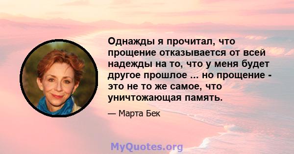 Однажды я прочитал, что прощение отказывается от всей надежды на то, что у меня будет другое прошлое ... но прощение - это не то же самое, что уничтожающая память.