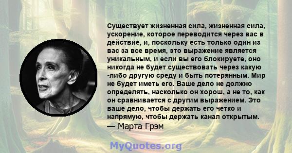 Существует жизненная сила, жизненная сила, ускорение, которое переводится через вас в действие, и, поскольку есть только один из вас за все время, это выражение является уникальным, и если вы его блокируете, оно никогда 