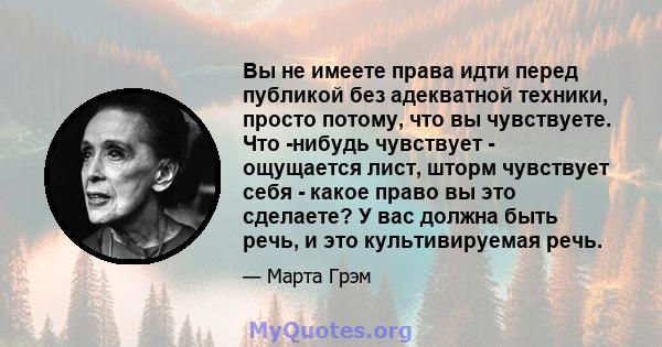 Вы не имеете права идти перед публикой без адекватной техники, просто потому, что вы чувствуете. Что -нибудь чувствует - ощущается лист, шторм чувствует себя - какое право вы это сделаете? У вас должна быть речь, и это