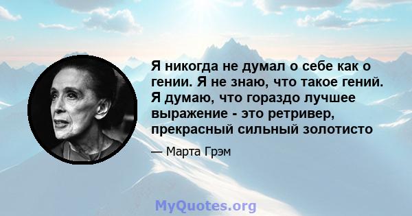 Я никогда не думал о себе как о гении. Я не знаю, что такое гений. Я думаю, что гораздо лучшее выражение - это ретривер, прекрасный сильный золотисто