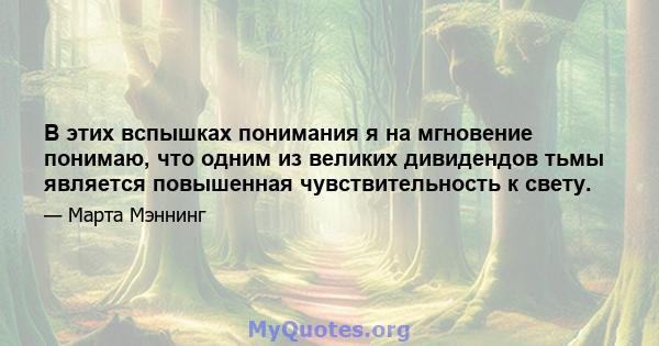 В этих вспышках понимания я на мгновение понимаю, что одним из великих дивидендов тьмы является повышенная чувствительность к свету.