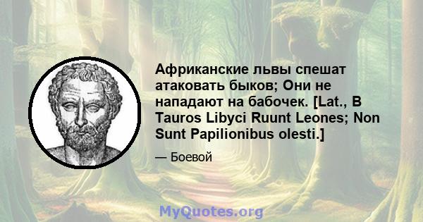 Африканские львы спешат атаковать быков; Они не нападают на бабочек. [Lat., В Tauros Libyci Ruunt Leones; Non Sunt Papilionibus olesti.]