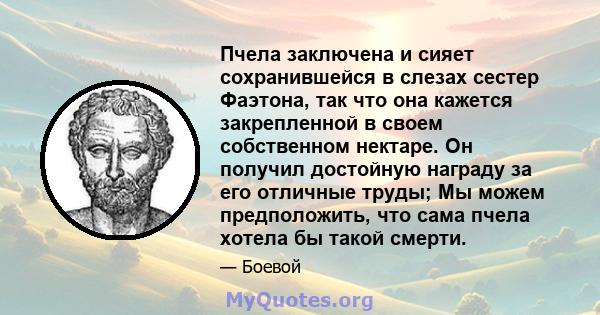 Пчела заключена и сияет сохранившейся в слезах сестер Фаэтона, так что она кажется закрепленной в своем собственном нектаре. Он получил достойную награду за его отличные труды; Мы можем предположить, что сама пчела