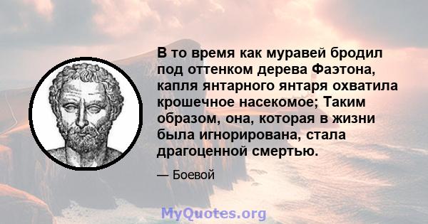 В то время как муравей бродил под оттенком дерева Фаэтона, капля янтарного янтаря охватила крошечное насекомое; Таким образом, она, которая в жизни была игнорирована, стала драгоценной смертью.