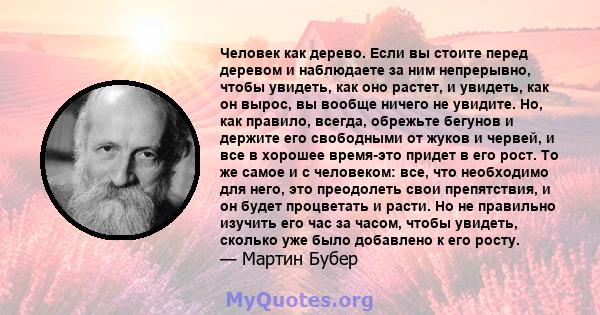 Человек как дерево. Если вы стоите перед деревом и наблюдаете за ним непрерывно, чтобы увидеть, как оно растет, и увидеть, как он вырос, вы вообще ничего не увидите. Но, как правило, всегда, обрежьте бегунов и держите